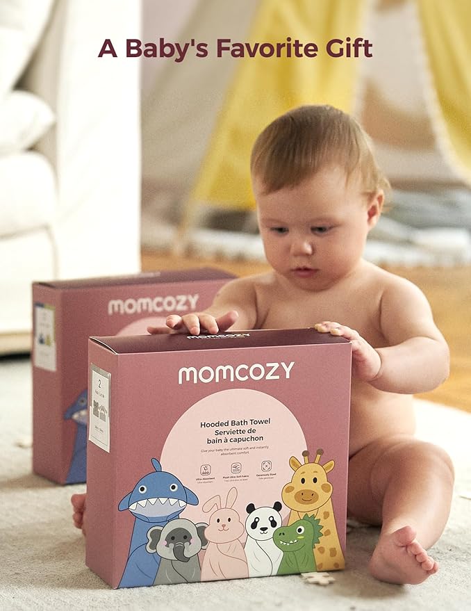 Momcozy Baby Bath Towels with Hooded -Visualize Health Label -Soft & Absorbent Coral Fleece Towel for Comfort & Warm - Bath Essential or Shower Gift for Newborn, Infant,Toddler (Large, 28 x 55 Inch)