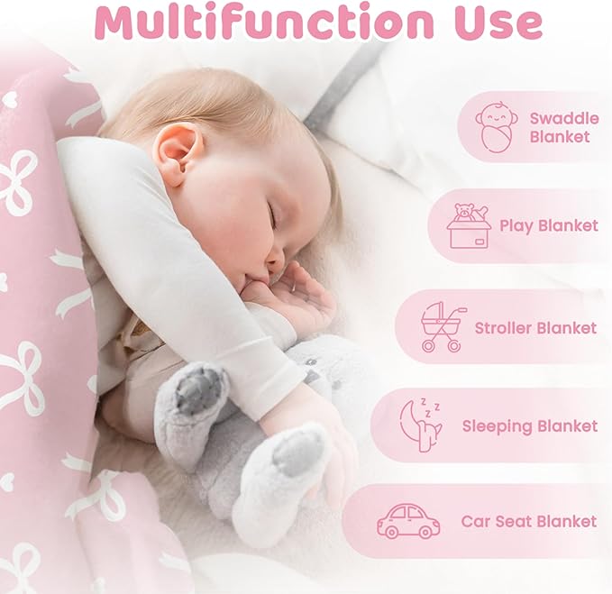 Bow Minky Baby Blanket 30 x 40 Inches for Girls, Soft Plush Receiving Blanket with Dotted Back, Gift for Toddler Newborn Infant Christmas Birthday Baby Shower