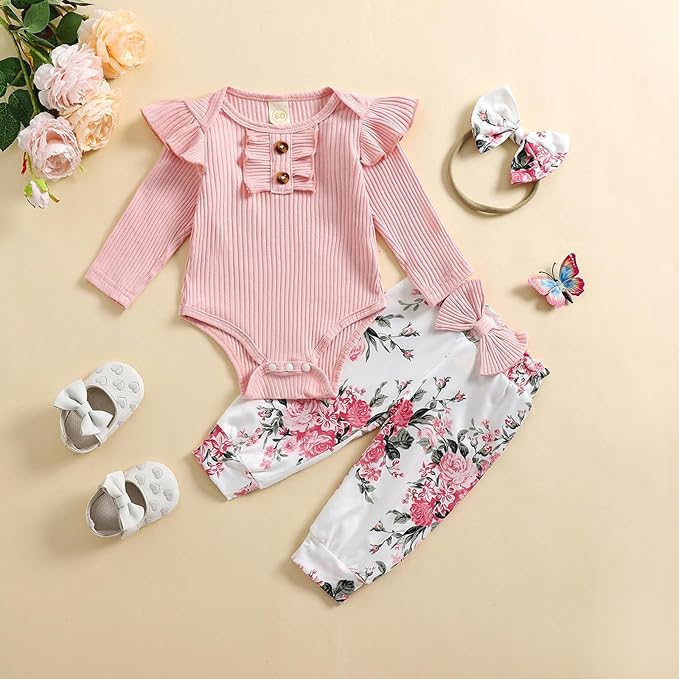 Baby Girls Clothes Ribbed Romper Bodysuit Pants Headband Set Fall Winter Outfits
