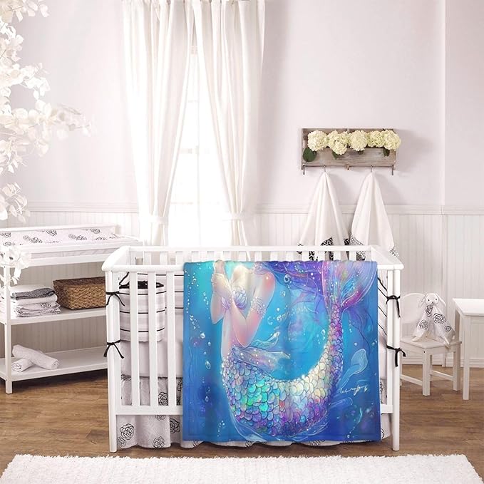 Baby Blanket Mermaid Childish Blue Sea for Boy Girl Newborn 30x40 Inch Toddler Infant Nursery Throw Blankets Double Layer Comfy Soft Plush Stroller Crib Quilt