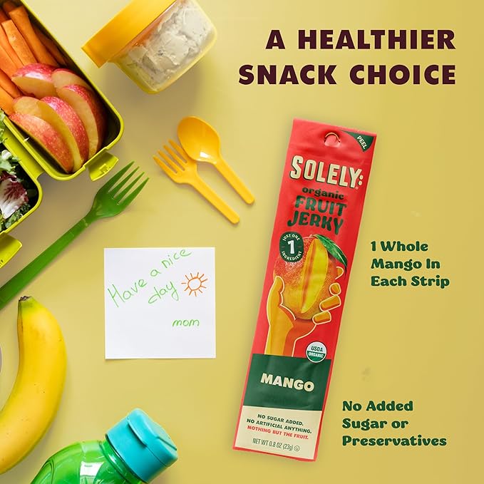 Solely - Organic Mango Fruit Jerky - 12 Individually Wrapped Fruit Strips - Fruit Leather Made from Dried Fruits - Healthy Snacks, Vegan - 0.8oz (23g)