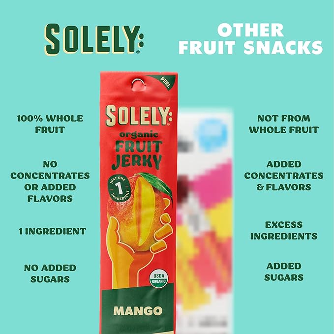 Solely - Organic Mango Fruit Jerky - 12 Individually Wrapped Fruit Strips - Fruit Leather Made from Dried Fruits - Healthy Snacks, Vegan - 0.8oz (23g)