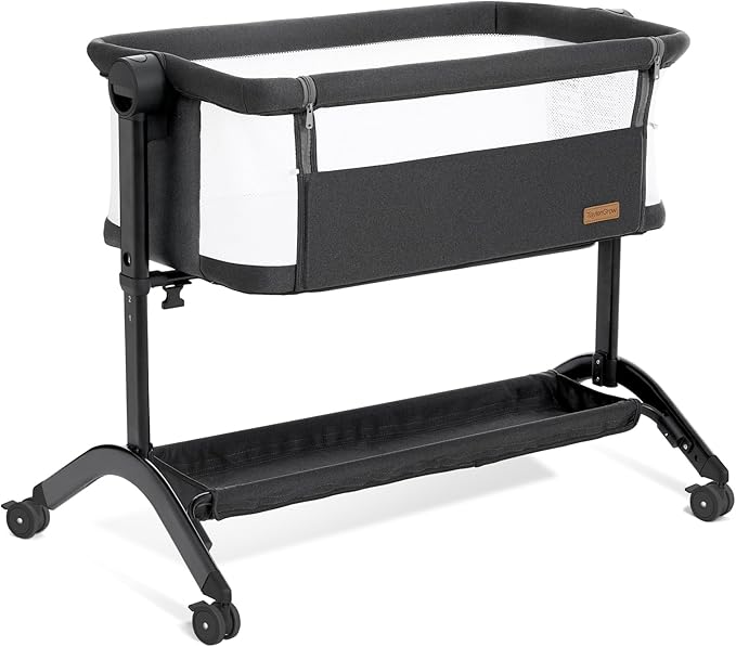 Bassinet Bedside Sleeper - All-Mesh Design, Portable Bedside Bassinet for Baby with Washable Mattress, 5 Adjustable Heights (Black)