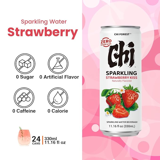 CHI FOREST Strawberry Sparkling Water Beverage, Zero Sugar Drinks, Zero Artificial Flavor, 11.16 fl oz Cans (Pack of 24)