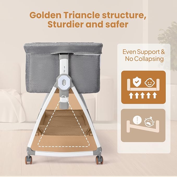 JOYMOR 3 in 1 Baby Bassinet, Bedside Bassinet for Baby, with Comfy Mattress and Wheels, 6 Height Adjustable Easy Folding Portable Bedside Crib for Newborn (Gray)