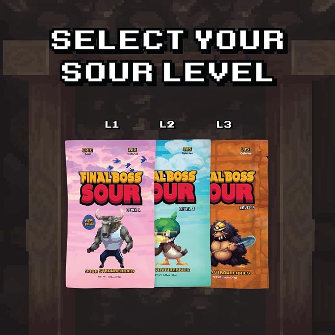 Final Boss Sour Candy, Sour Strawberries, 10 Pack, Level 3, Fruit Chews with Real Dried Fruit, No Artificial Colors or Flavors, Low Calorie Snack for Kids, Teens, Adults, Lunch Boxes & On The Go