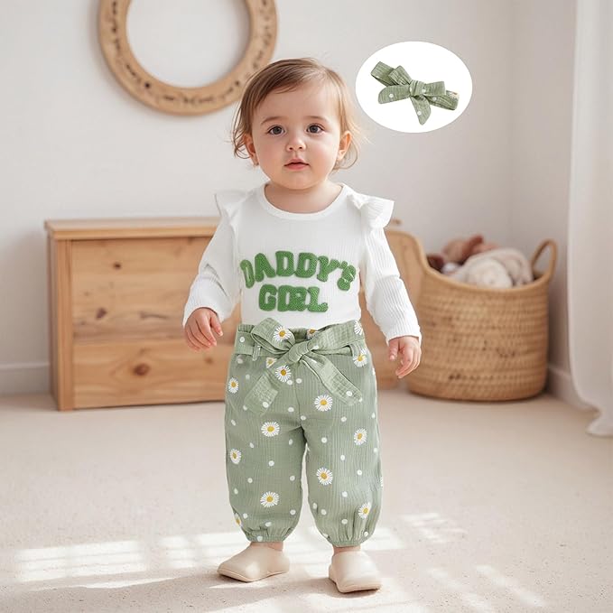 Tsnbre Newborn Baby Girl Outfits Daddys Girls Ruffle Long Sleeve Romper Top Pants Headband Infant Fall Winter Clothes
