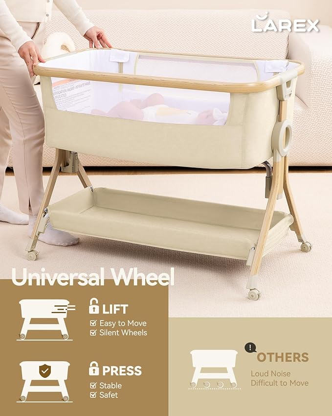 Larex Baby Bassinet, Baby Bassinet Bedside Sleeper with Storage Basket and Wheels, Height Adjustable Portable Crib for Newborn Infant, Easy Assemble and Folding(Khaki)