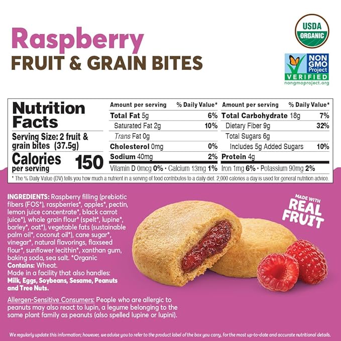 Olyra Raspberry Organic Fruit Snacks, Healthy Snacks for Adults and Kids, High Fiber Soft Cookies, Low Sugar, Vegan, Office Breakfast Bars, USDA Certified Organic, Non GMO (Pack of 12)