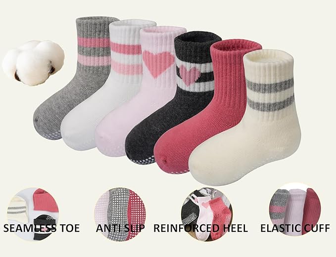 Toddler Grip Socks with Non-Slip, Unisex Baby Retro Stripe Seamless Crew Ankle Cotton Socks for Girls Boys 6 Pairs