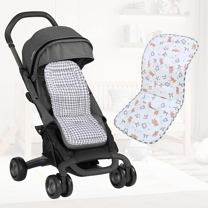 Baby Stroller Cushion,Infant Car Seat Insert-Reversible Universal Breathable and Soft Newborn Stroller Mat,100% Cotton Cover Toddler Seat Pad Liner-34x78cm,1 Pack(Butter Bear+Gray Plaid)