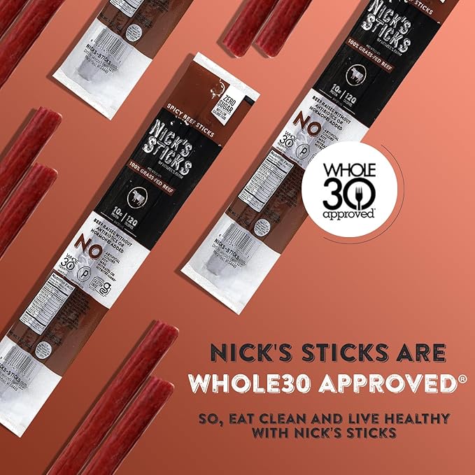 Nick's Sticks Clean & Balanced 100% Grass-Fed Spicy Beef Snack Sticks | Made in the USA | Gluten Free | Paleo, Keto, Whole30 Approved | No Soy, Antibiotics or Hormones (12 – 1.7oz. Packages of 2 Sticks)