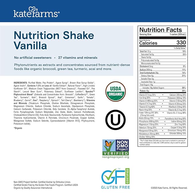 KATE FARMS Organic Nutrition Shake, Vanilla, 16g Protein, 27 Vitamins and Minerals, Protein Meal Replacement Drink, Protein Shake, 11 oz (12 Pack)