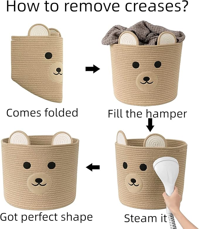 Bear Laundry Baskets Laundry Hamper Storage Baskets with Handles,Decorative Basket for Living room,Woven Storage Basket for Toys Bin Pillows Blankets Clothes (Khaki)
