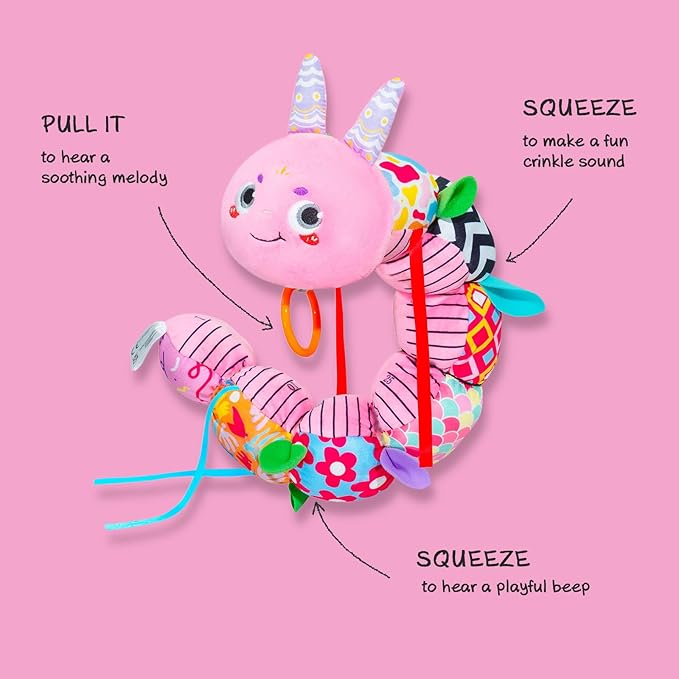 Infinno Baby Musical Stuffed Sensory Toys for Girls and Boys, Infant Soft Security Toys for Newborns 0-3-6-12 Months with Crinkle and Rattles, Caterpillar, Pink
