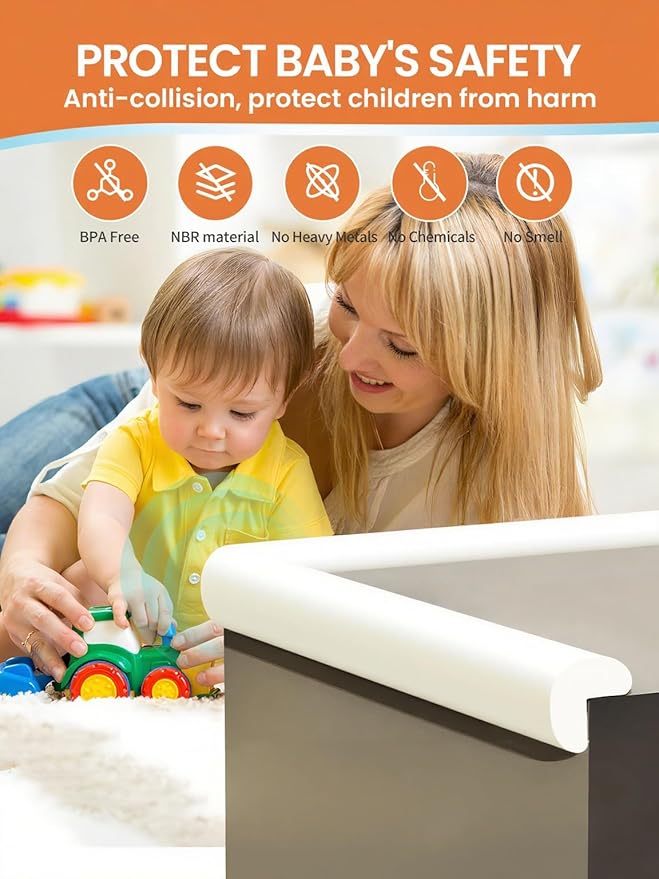 Baby Proof Edge Corner Protector, 6.56FT 0.47''Th L-Shape Furniture Corner & Edge Safety Bumpers with 6 Corners, Pre-Taped, Soft NBR Rubber Foam Desk Edge Cushion Wall Corner Protector(White-gray)