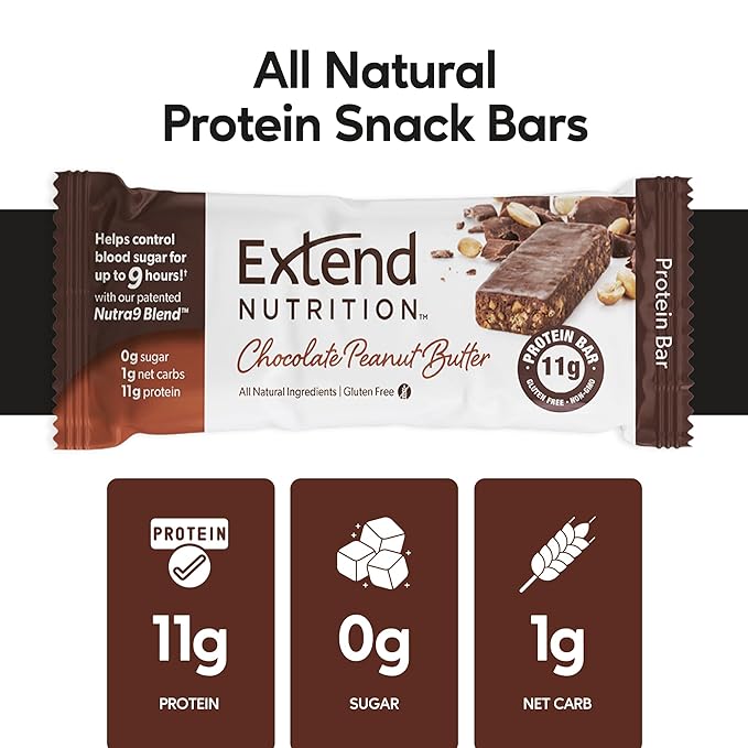 Extend Sugar Free Protein Bars, Perfect Diabetic Snacks, High Protein and Fiber, Hunger Control & Steady Energy, Low Carb, Keto Friendly (12 Count, Chocolate Peanut Butter)