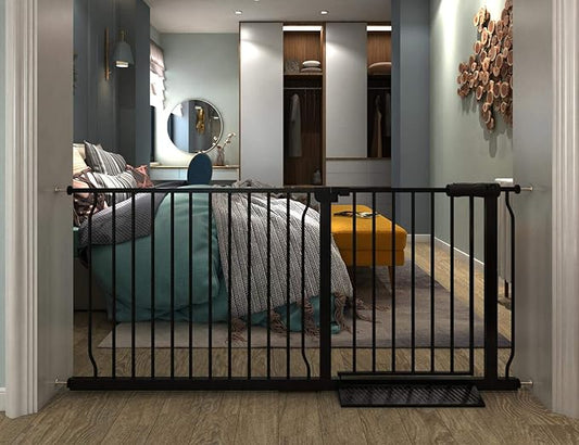 Extra Wide Baby Gate Extra Tall Tension Indoor Safety Gates Black Metal Large Pressure Mount Pet Gate Walk Through Safety Dog Gate for The House Doorways Stairs (57.48"-62.2"/146-158CM, Black)