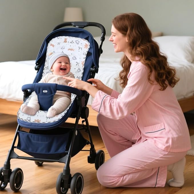 Baby Stroller Cushion,Infant Car Seat Insert-Reversible Universal Breathable and Soft Newborn Stroller Mat,100% Cotton Cover Toddler Seat Pad Liner-34x78cm,1 Pack(Butter Bear+Gray Plaid)