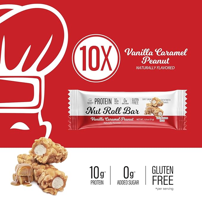Genius Gourmet Nut Roll Bars Vanilla Caramel Peanut – 10g Protien, Zero Added Sugar, Gluten Free, Non-GMO – Sweet Snack & Dessert for Adults and Kids – 10 Ct Box