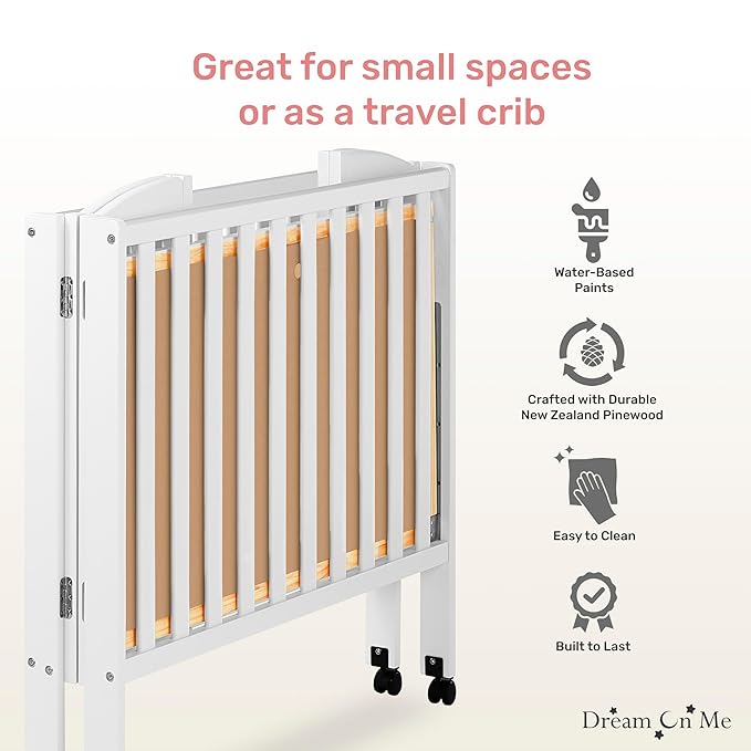 Dream On Me 3-in-1 Portable Folding Stationary Side Mini Baby Crib in White & Mattress, GreenGuard Gold & JPMA, Use as Changer & Playpen, Locking Wheels, 3 Mattress Heights, Extra Firm Mattress