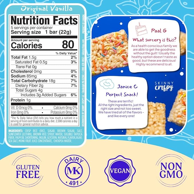 Skinny Crispy Original Vanilla Rice Treats – Low Sugar (4g), Vegan, Gluten-Free, Dairy-Free, Non-GMO, Top 9 Allergen-Free, Healthy Snack Bars, 10 Count
