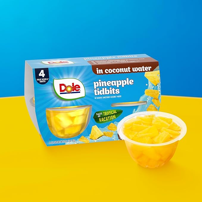 Dole Pineapple Tidbits in Coconut Water - Dole Fruit Bowls Snacks - 4 oz Fruit Bowls - 24 Pack