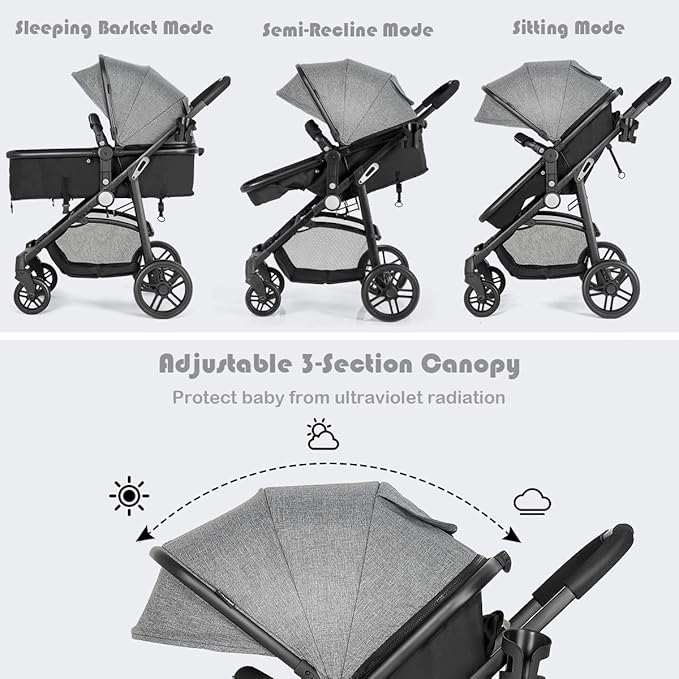 BABY JOY Baby Stroller, 2 in 1 Convertible Carriage Bassinet to Stroller, Pushchair with Foot Cover, Cup Holder, Large Storage Space, Wheels Suspension, 5-Point Harness (Gray)