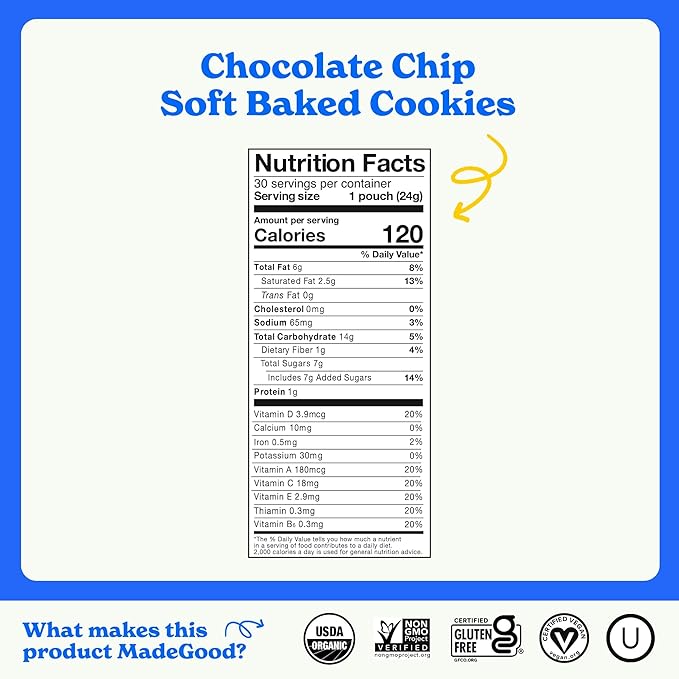 MadeGood Soft Baked Chocolate Chip Mini Cookies, Gluten Free & Safe For School Snacks, 30 Count