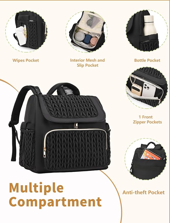 Diaper Bag Backpack, Baby Bag with Changing Pad, Travel Waterproof Diaper Bag Tote, Newborn Essentials Must Haves, Luxury baby shower gifts for boys & Girls, Black
