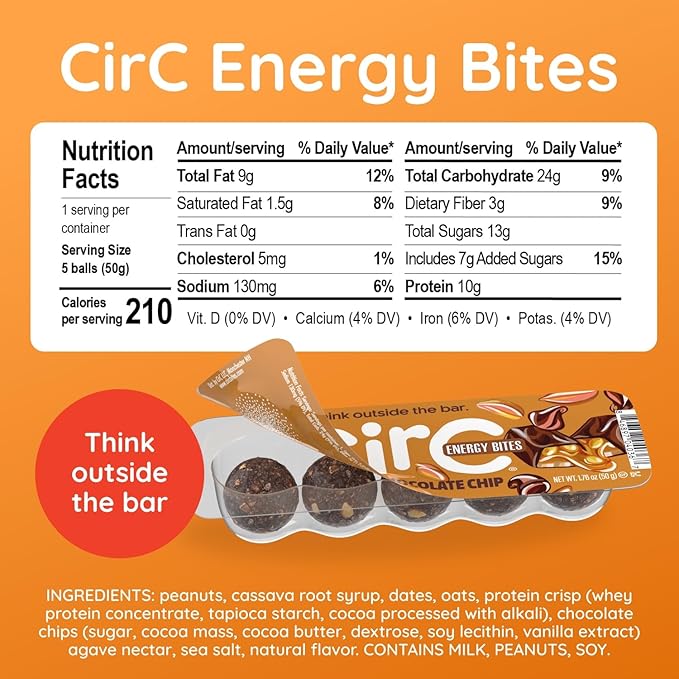CirC Energy Bites - 12 Pack Caramel Chocolate Chip Gluten Free Protein Balls - 10g Protein, Whole Grains, Nuts & Fruit - Portable Healthy Snacks for Adults & Kids, 5 Piece Resealable Packs
