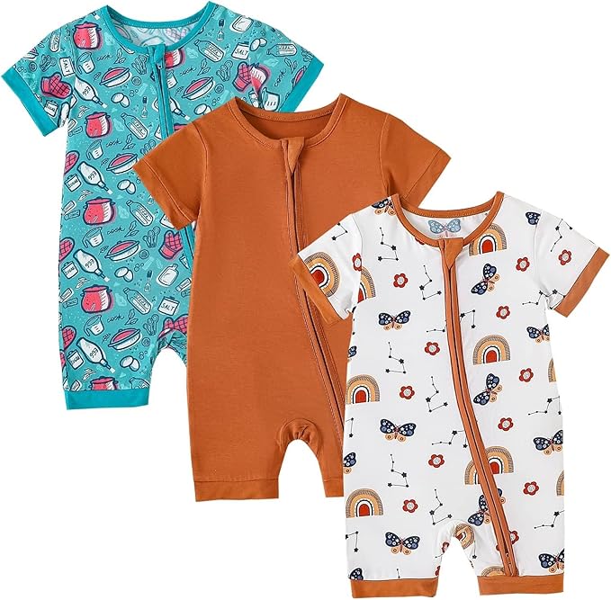 OPAWO Bamboo Baby Pajamas 3 Pack, Double Zipper Bamboo Sleepers for Baby Boy Girl Romper, Toddler Summer Clothes Outfit 0-24M