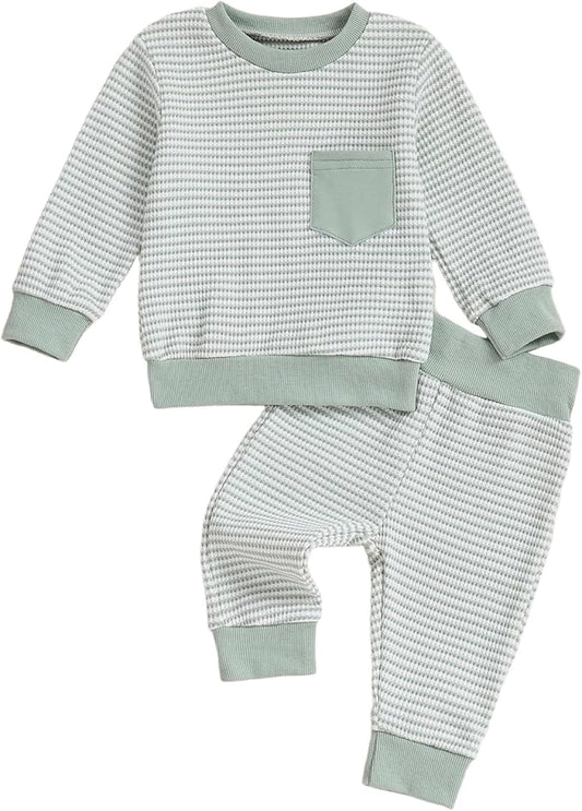 Baby Boy Toddler Fall Outfit Striped Sweatshirt Toddler Boy Winter Waffle Clothes 3 6 12 18 Months 2 3 T Pant Set