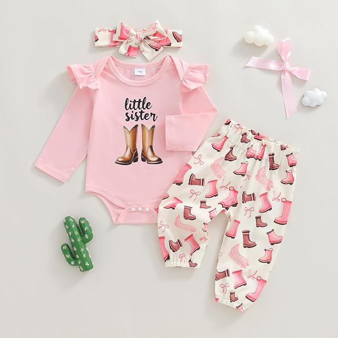 Fernvia Western Newborn Baby Girl Clothes Long Sleeve Letter Print Romper Animal Print Pants Headband 3Pcs Outfits Sets