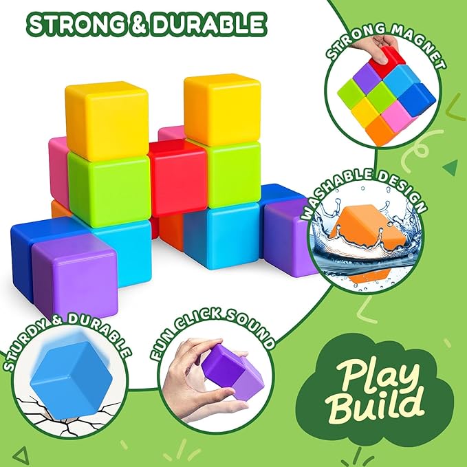 Magnetic Blocks, Large Magnetic Building Blocks for Toddlers, 1.65 Inch 3D Magnet Cubes in 8 Colors, Montessori & Sensory Stacking Toy Gift for Kids Ages 1-3 (16PCS)