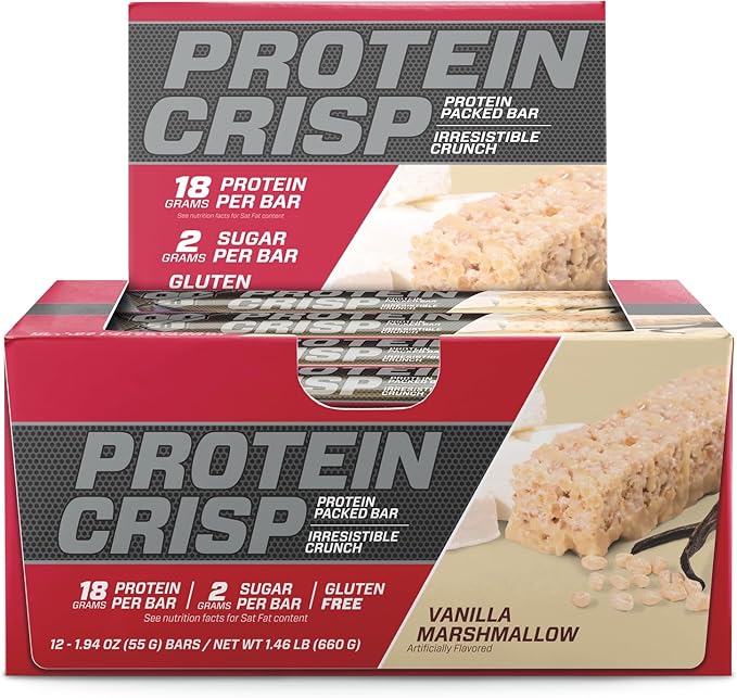 BSN Protein Bars - Protein Crisp Bar by Syntha-6, Whey Protein, 20g of Protein, Gluten Free, Low Sugar, Vanilla Marshmallow, 12 Count