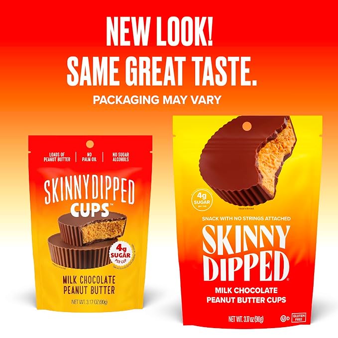 SkinnyDipped Milk Chocolate Peanut Butter Cups, 4g Sugar, Low Sugar, Low Carb, Gluten Free, 3.2oz Bag, 4 Pack (24 Cups Total)