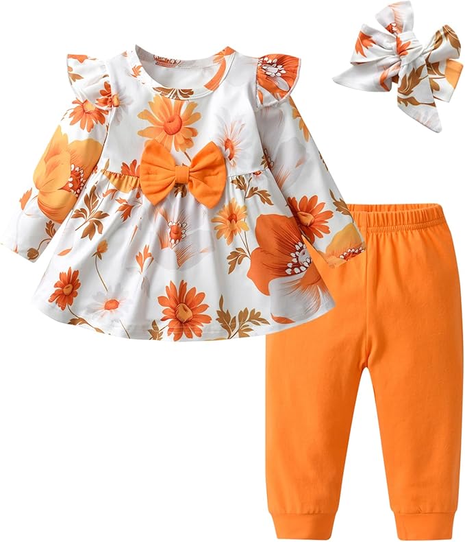 3PCS Baby Girl Clothes Ruffle Floral Shirt Tops Pants Headband Outfit Sets
