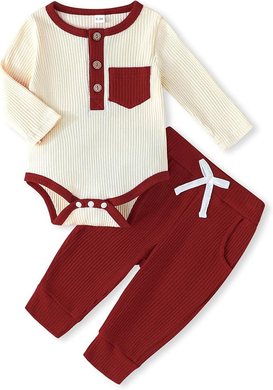 Newborn Baby Boy Girl Clothes Ribbed Knit Cotton Long Sleeve Romper Long Pant Preemie Solid Color Unisex Outfits