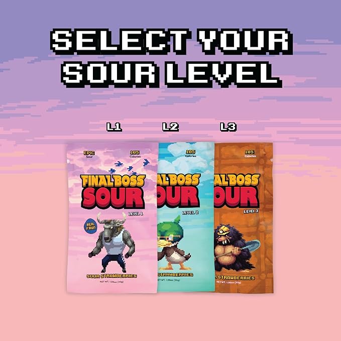 Final Boss Sour Candy, Sour Strawberries, 10 Pack, Level 1, Fruit Chews with Real Dried Fruit, No Artificial Colors or Flavors, Low Calorie Snack for Kids, Teens, Adults, Lunch Boxes & On The Go