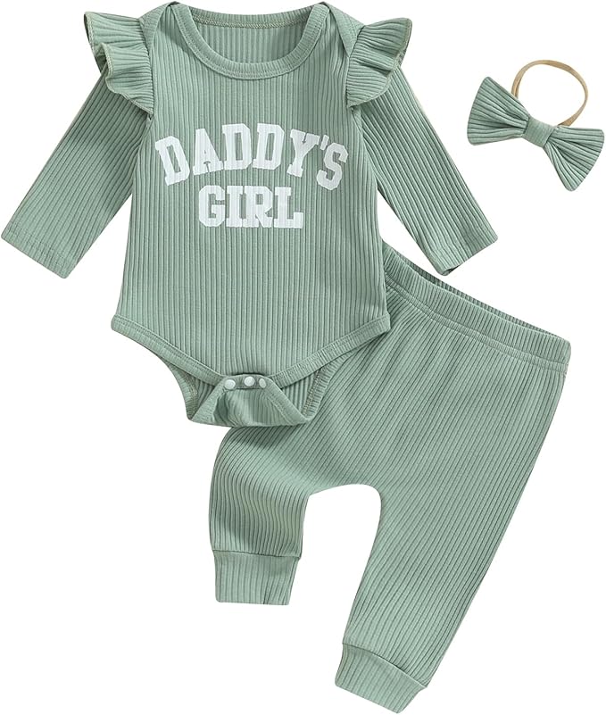 Tsnbre Newborn Baby Girl Outfits Daddys Girls Ruffle Long Sleeve Romper Top Pants Headband Infant Fall Winter Clothes