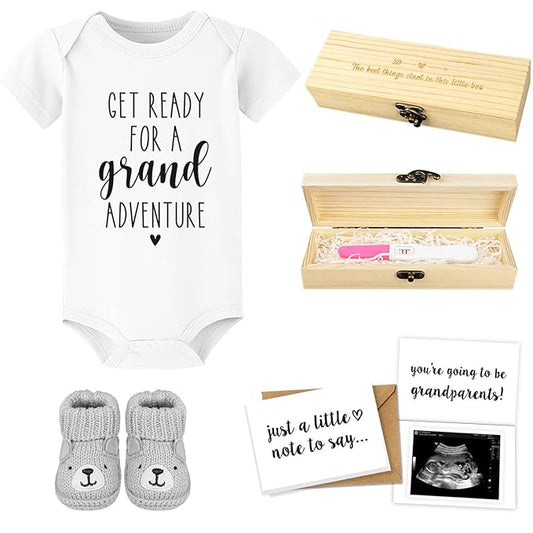 Pregnancy Announcement for Grandparents - Pregnancy Reveal Ideas for Grandma Grandpa, Surprise Baby Announcement Gifts Set - Pregnancy Test Keepsake Box, Baby Onesie & Booties, Pregnancy Reveal Card