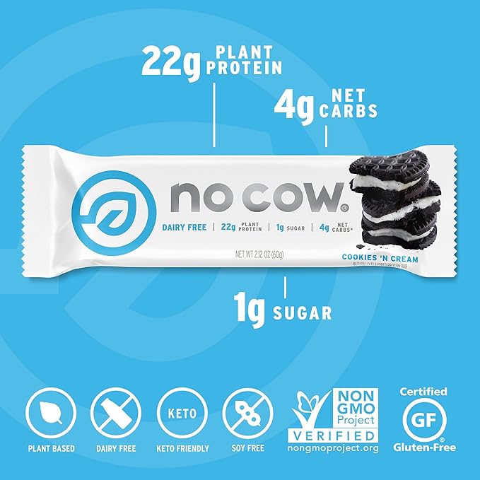 No Cow High Protein Bars, Cookies 'N Cream - Healthy Snacks, 20g Vegan Protein, High Fiber, Low Sugar, Keto Friendly, Dairy & Gluten Free (12 Count)