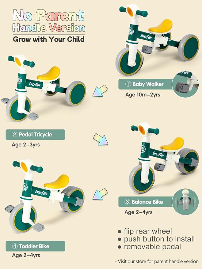 LOL-FUN Toddler Balance Bike for 1 to 4 Years Old Boys Girls Gift, 4 in 1 Baby Bicycle for 1 2 Year Old Kids Tricycle 3 Wheel with Easy Assembly Removable Pedal
