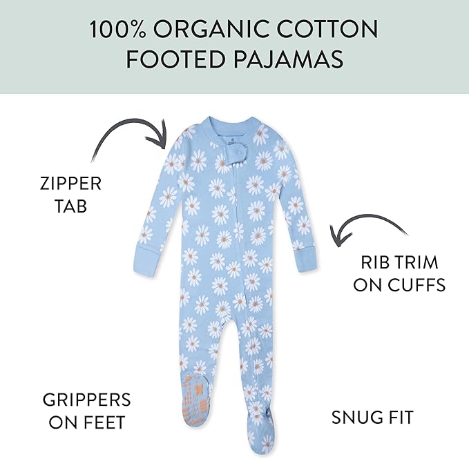 HonestBaby Non-Slip Footed Pajamas One-Piece Sleeper Zip-Front Pjs 100% Organic Cotton for Baby Girls