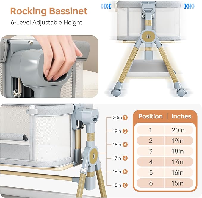 3 in 1 Baby Bassinet Bedside Sleeper, Rocking Bassinet for Baby with Wheels, Music Night Light, Storage Basket, Mattress, Adjustable Height, Portable Rocking Bedside Sleeper for Newborn Infant