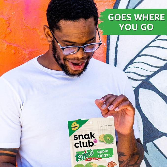 Snak Club Tajin Apple Rings, Sweet & Tasty Gummy Snacks, 11oz Family Size, Resealable Bag, 6 Count