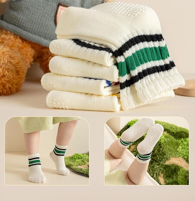 Toddler Grip Socks with Non-Slip, Unisex Baby Retro Stripe Seamless Crew Ankle Cotton Socks for Girls Boys 6 Pairs