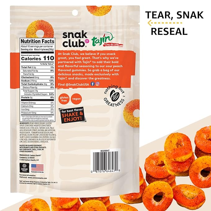Snak Club Tajin Peach Rings, Sweet and Spicy Gummy Snacks, 11 Ounce (Pack of 6)