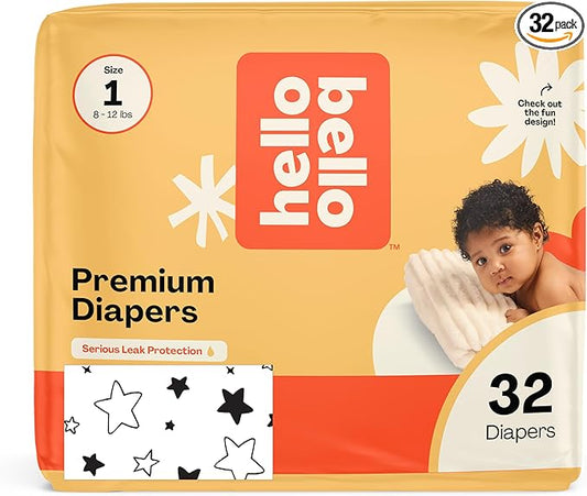 Hello Bello Diapers, Size 1 (8-12 lbs) Superstars, 32 Count of Premium Disposable Baby Diapers, Hypoallergenic with Soft, Cloth-Like Feel
